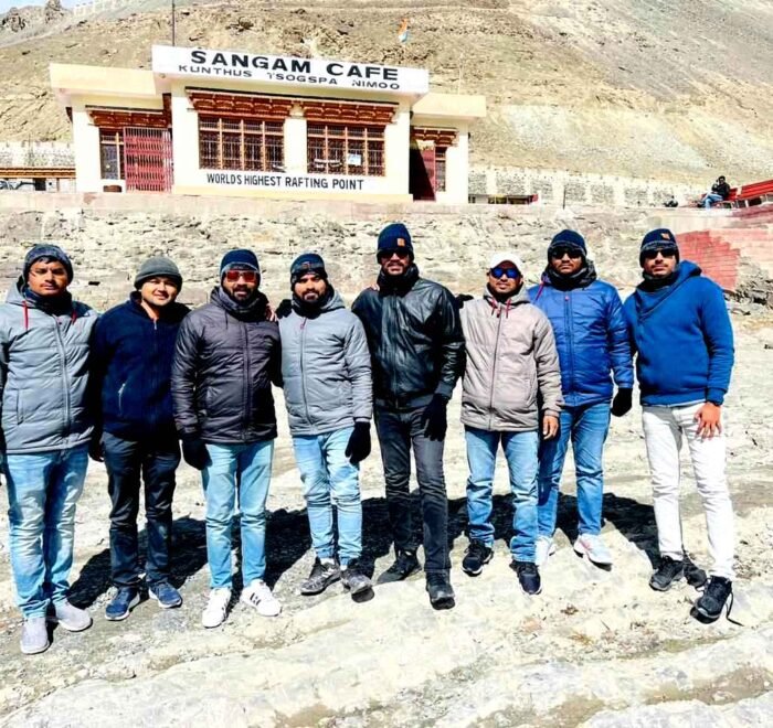 Riders relaxing at Sangam Cafe in Ladakh.